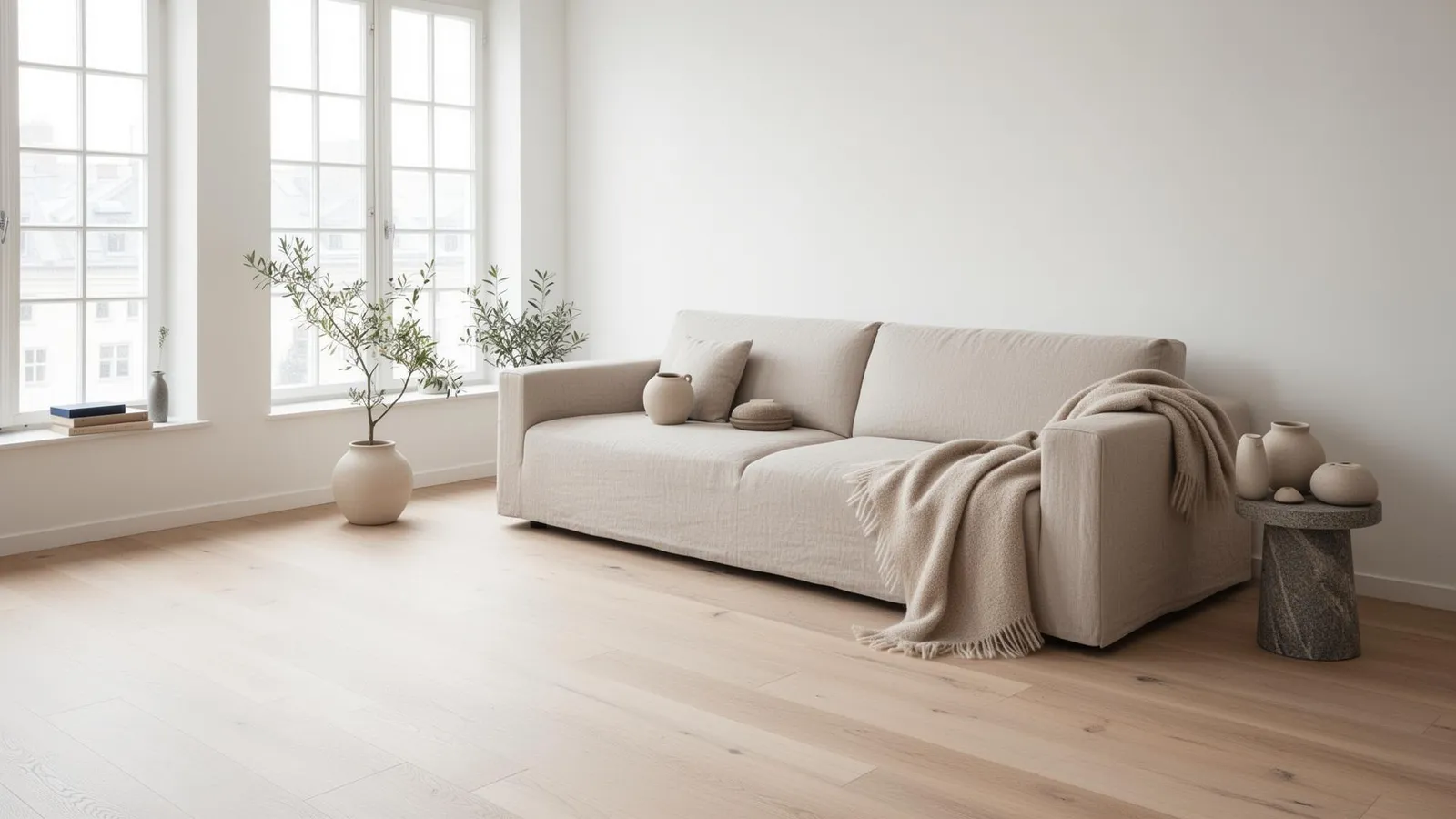Wohnzimmer eines Havn Apartments in Halle (Saale) mit Schreibtisch, Sofa und WLAN-Arbeitsplatz